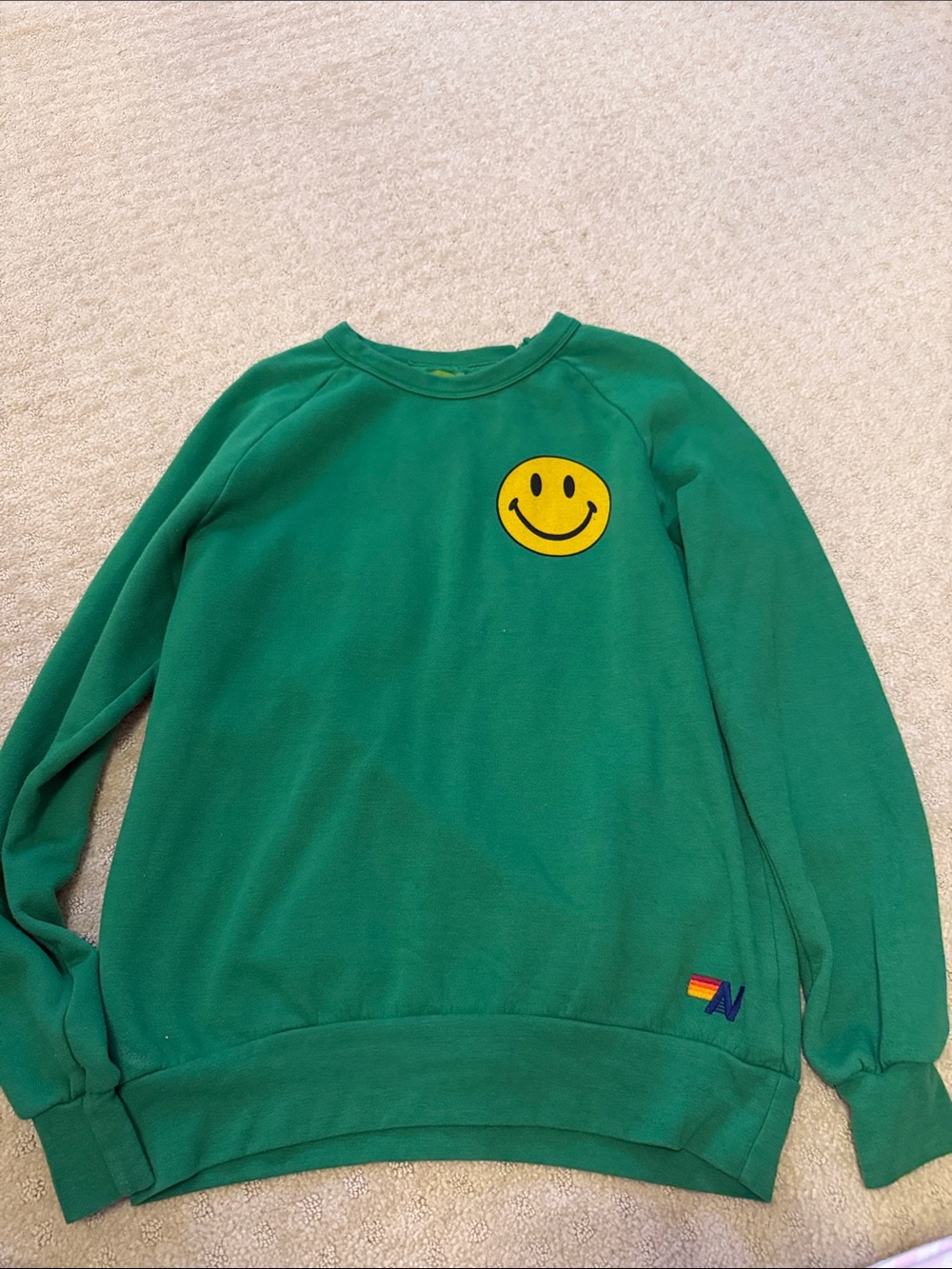Aviator Nation Green Crewneck Sweatshirt with Yellow Smiley Patch